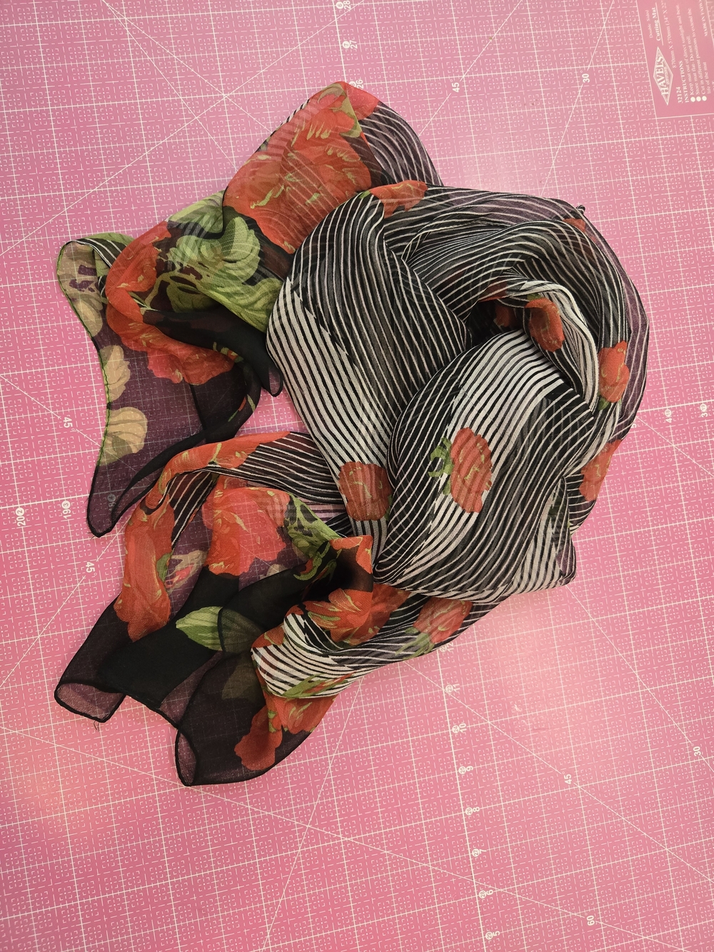 SILK Sheer Floral & Stripe Scarf - Black and Red